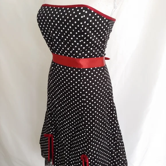 BCX Strapless Black White & Red Polka Dot Dress - Picture 3 of 8